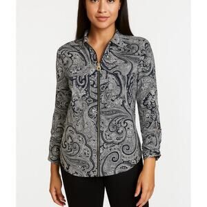 Michael Kors Bohemian Print Roll Tab Long Sleeve Paisley Zipper Front Size 6
